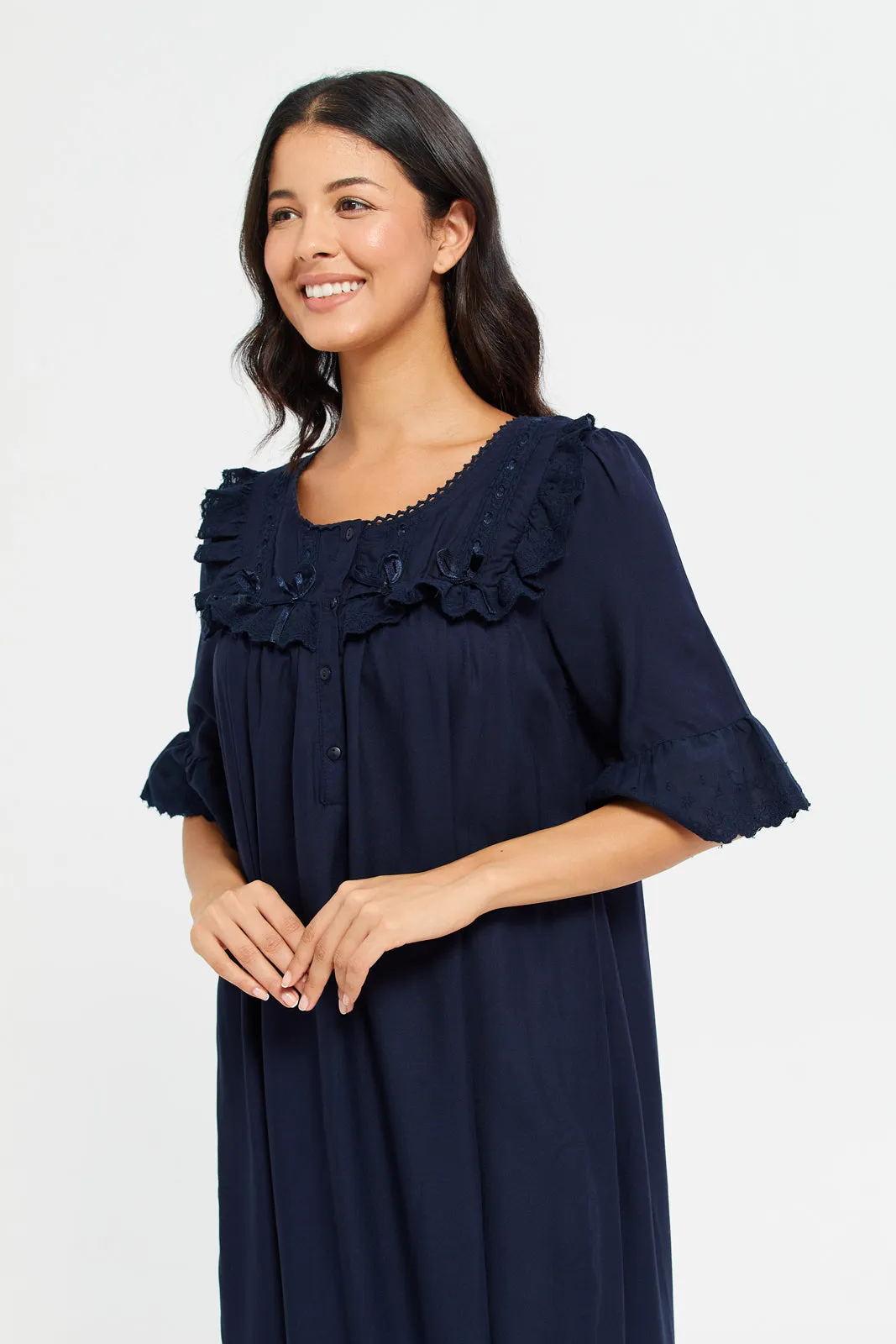 Navy Short Sleeve Frill Lace Nightgown