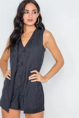 Navy Stripe Button Down Sleeveless Elegant Romper