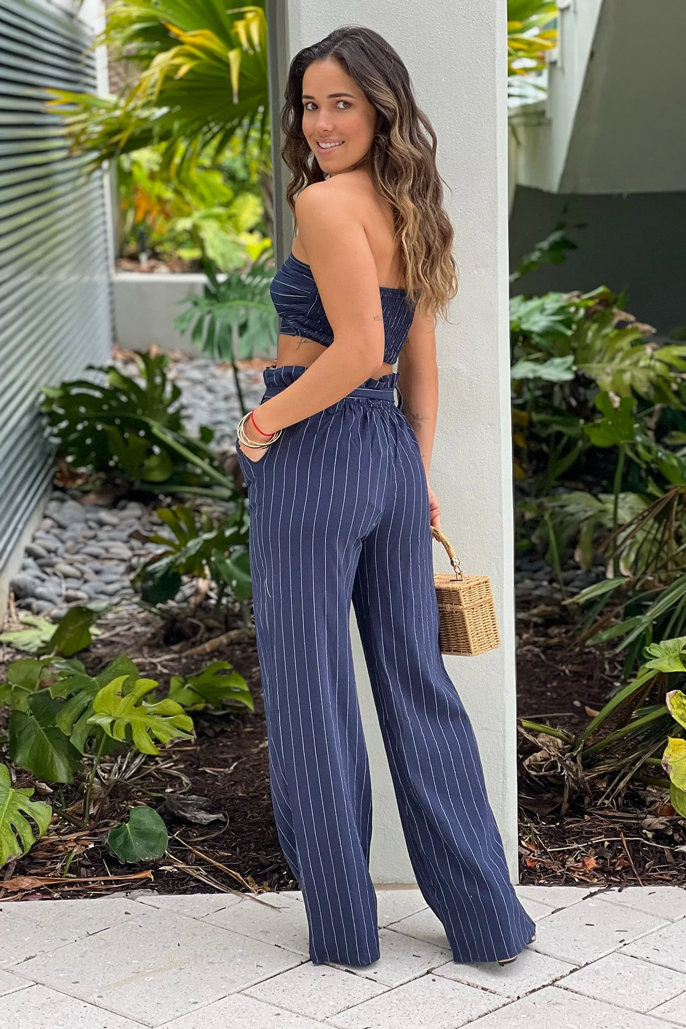 Navy Striped Smocked Top And Pants Set