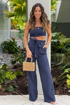 Navy Striped Smocked Top And Pants Set