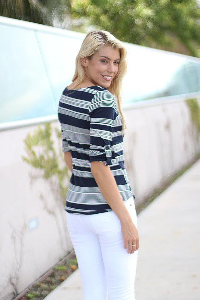 Navy Striped Top With Pocket