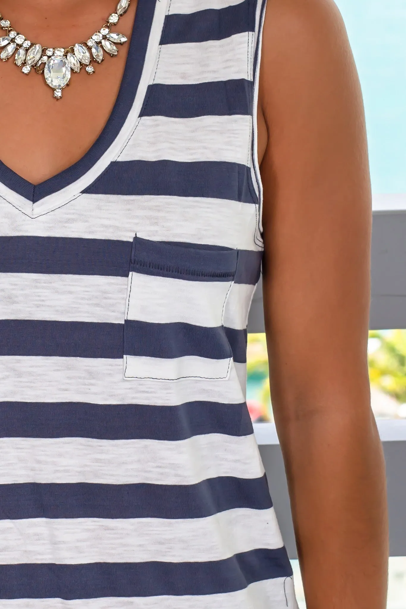 Navy Striped V-Neck Sleeveless Top with Pocket