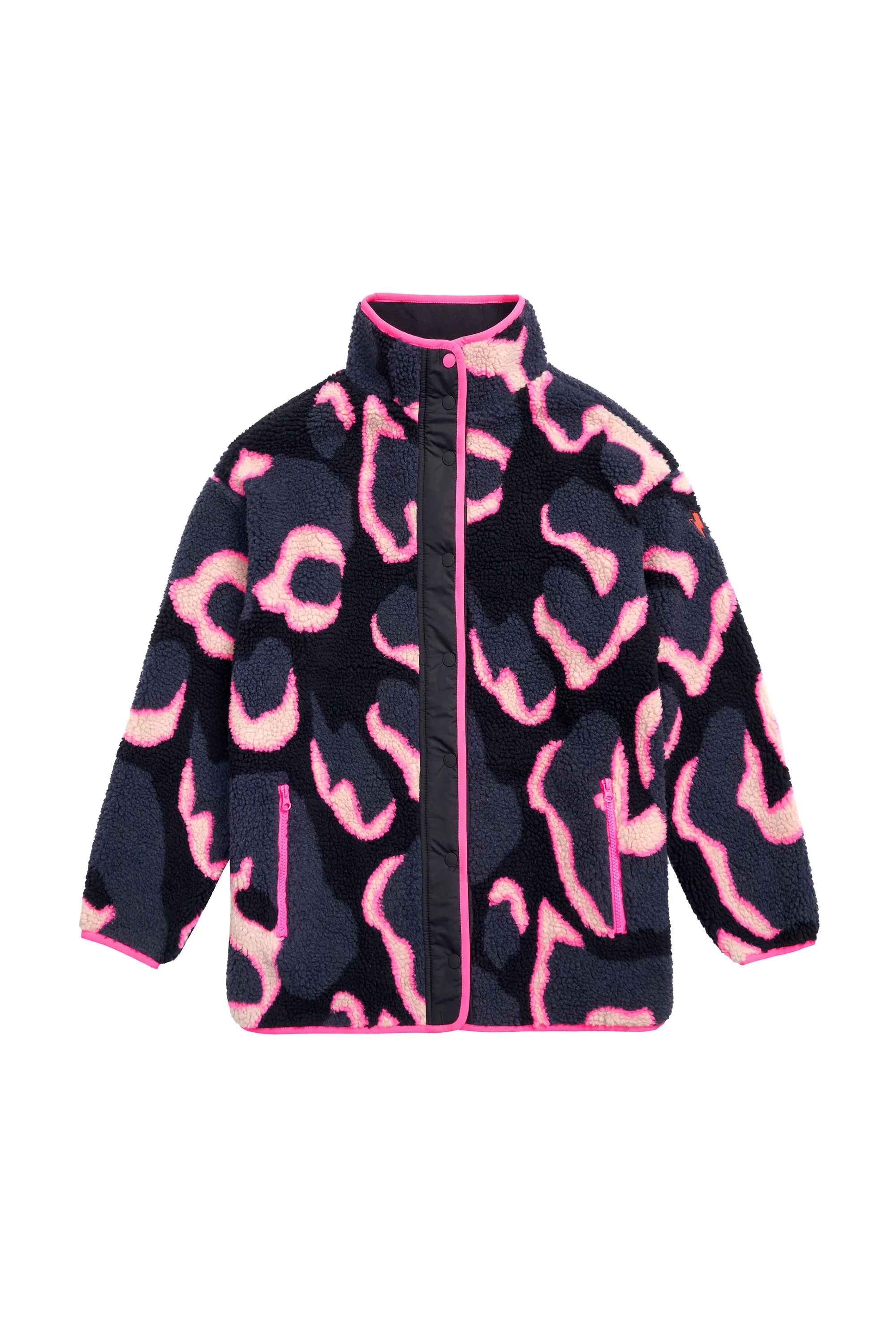 Navy with Pink Mega Shadow Leopard Button Through Fleece Jacket