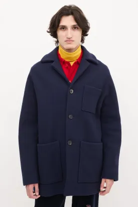 Navy Wool & Nylon Mid Length Coat