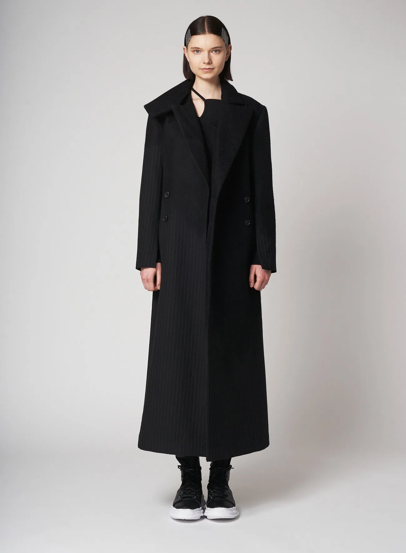 Needle Stripe Double Front Long Coat