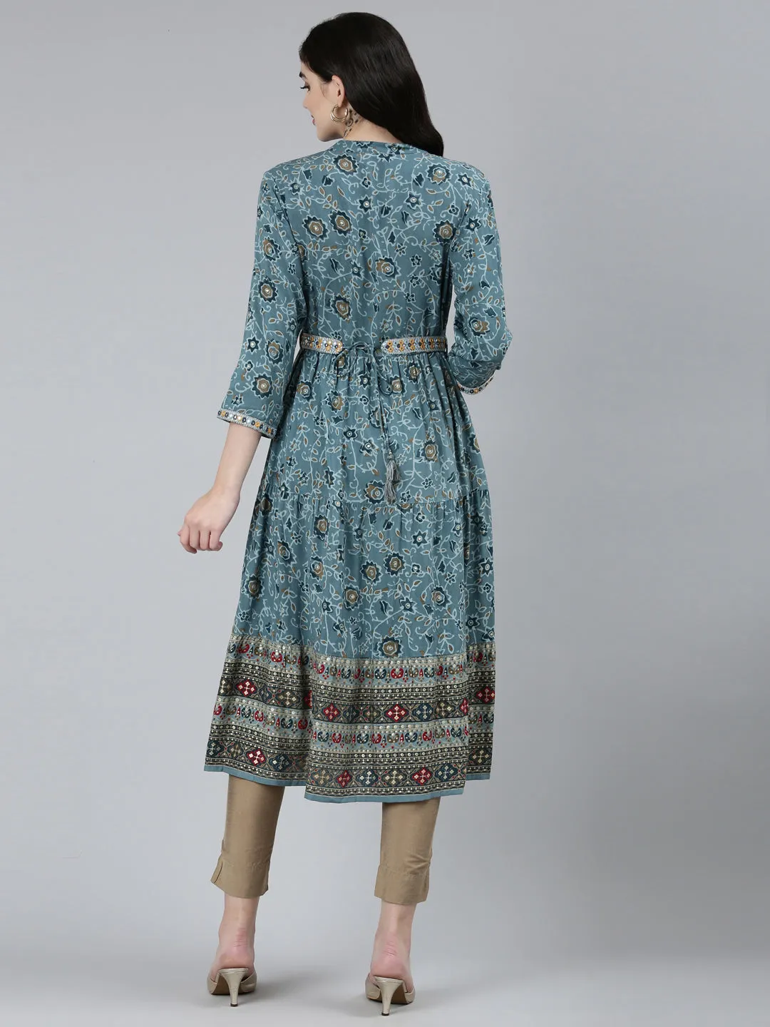 Neeru's Blue Straight Casual Floral Dresses