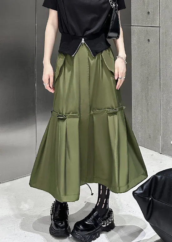 New Army Green Pockets High Waist Patchwork Cotton A Line Skirts Fall LY9549