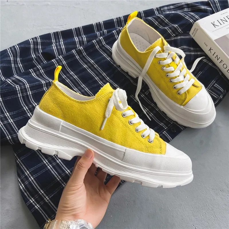 New Casual Men Shoes Yellow Trendy Low Man Canvas Sneakers Platform Hip Hop Street Chunky Shoes for Male zapatillas hombre