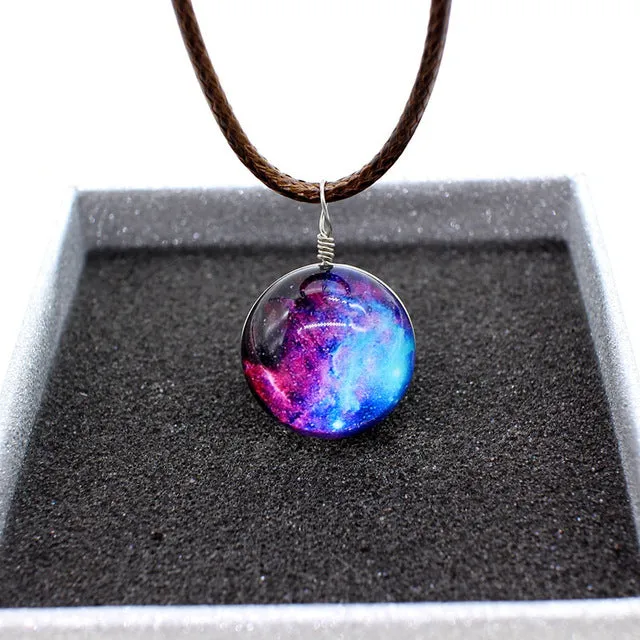 New Stars Ball Glass Collares Duplex Planet Crystal Galaxy Pattern Leather Chain Pendant Maxi Necklace For Womem Girlfriend Gift