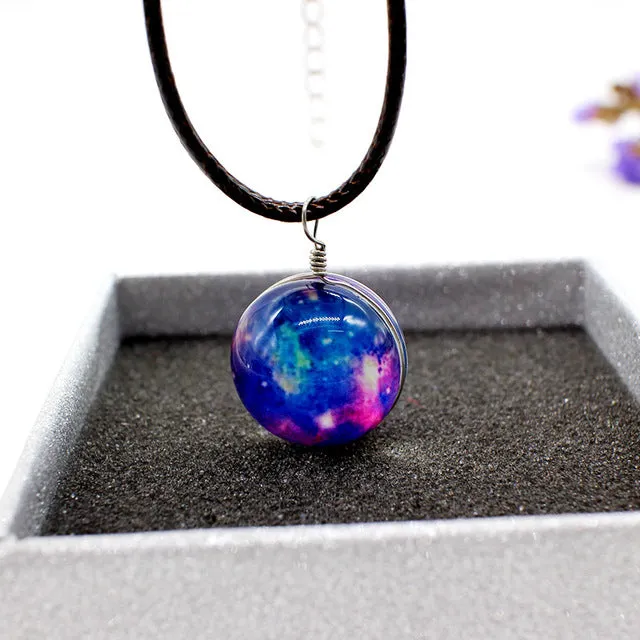 New Stars Ball Glass Collares Duplex Planet Crystal Galaxy Pattern Leather Chain Pendant Maxi Necklace For Womem Girlfriend Gift