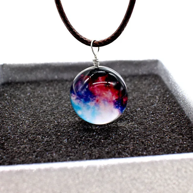 New Stars Ball Glass Collares Duplex Planet Crystal Galaxy Pattern Leather Chain Pendant Maxi Necklace For Womem Girlfriend Gift