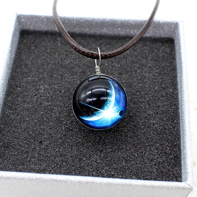 New Stars Ball Glass Collares Duplex Planet Crystal Galaxy Pattern Leather Chain Pendant Maxi Necklace For Womem Girlfriend Gift