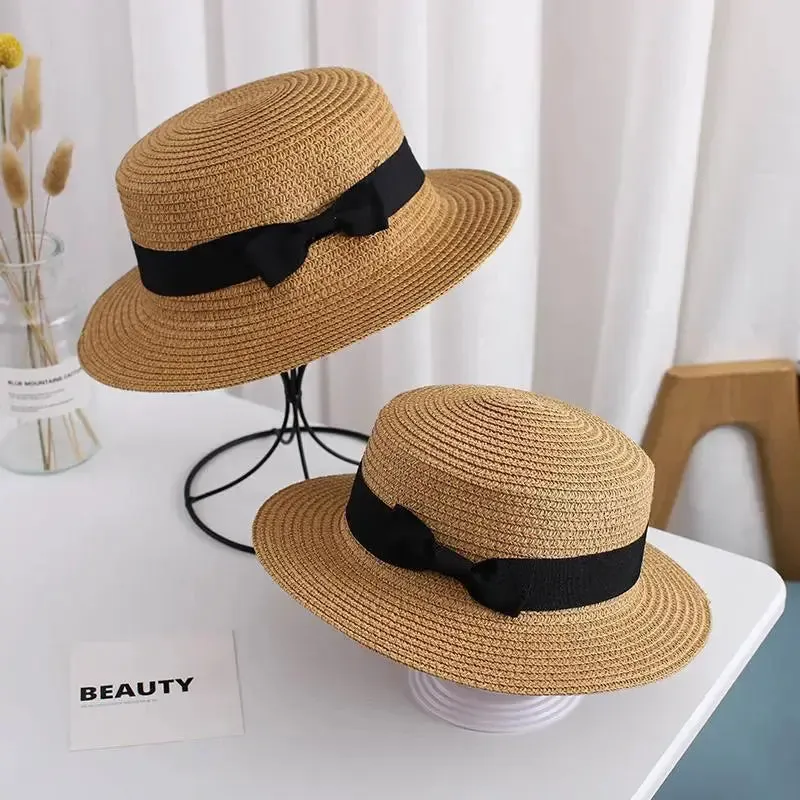 New Summer Parent-Child Bucket Cap Women Sun Visor Bowknot Straw Hat Girls Outdoor Beach Travel Sunshade Wide Cap