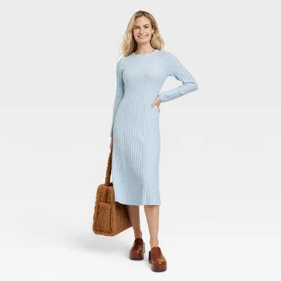 New - Women's Long Sleeve Midi Ribbed Sweater Dress - A New Day Blue M