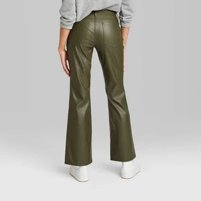 New - Women's Low-Rise Faux Leather Flare Pants - Wild Fable Olive Green 10