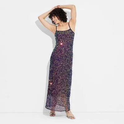 New - Women's Open Work Sequin Midi Dress - Wild Fable Navy Blue M