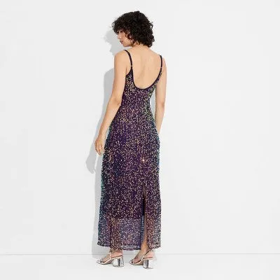 New - Women's Open Work Sequin Midi Dress - Wild Fable Navy Blue M