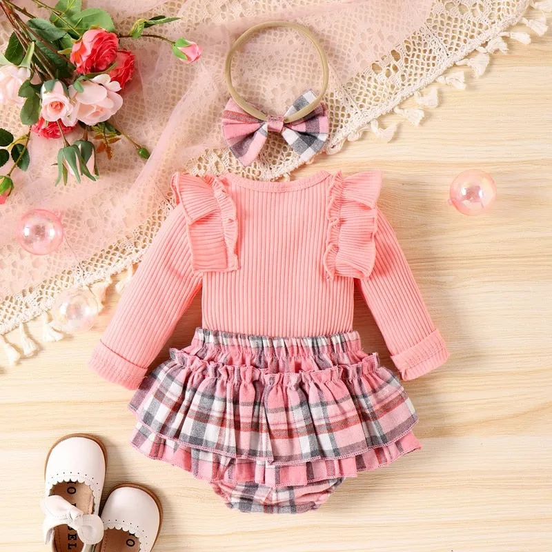 Newborn Baby Girls Sets Long Sleeve Crew Neck Romper Plaid Shorts Bow Headband Fall Sweet Outfit Set - BTGO8376