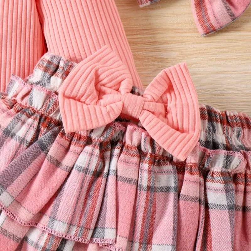 Newborn Baby Girls Sets Long Sleeve Crew Neck Romper Plaid Shorts Bow Headband Fall Sweet Outfit Set - BTGO8376