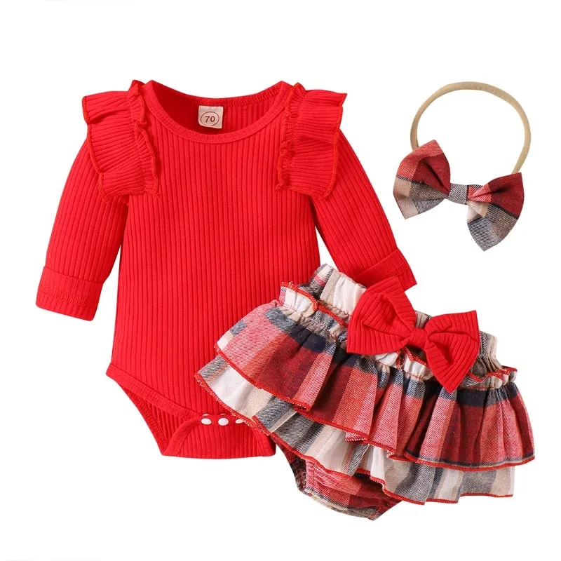 Newborn Baby Girls Sets Long Sleeve Crew Neck Romper Plaid Shorts Bow Headband Fall Sweet Outfit Set - BTGO8376