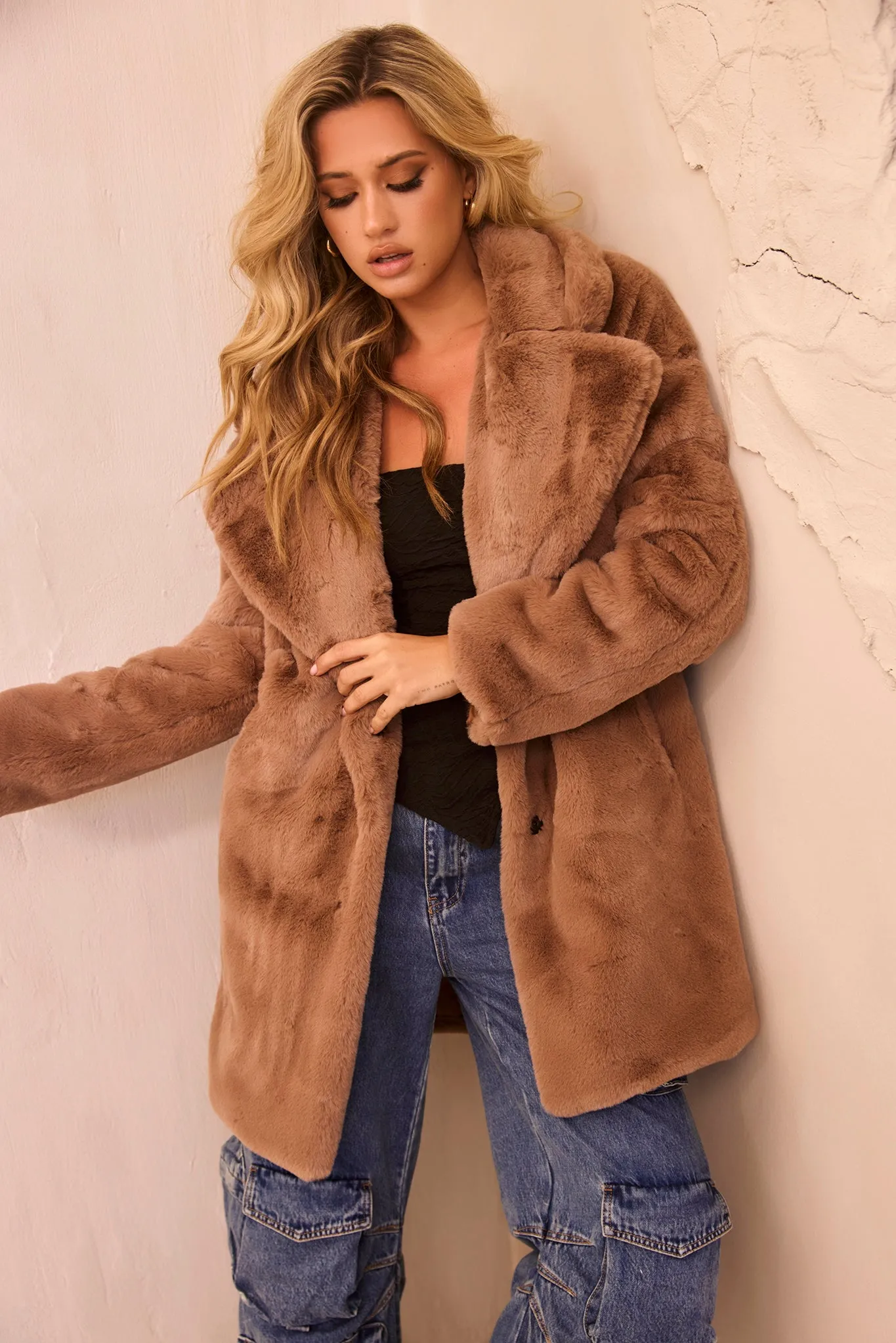 Next In Play Faux Fur Coat - Mocha