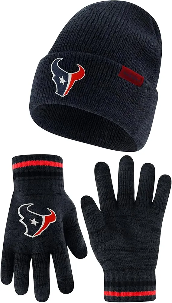 NFL Official Adults Unisex Super Soft Winter Beanie Knit Hat With Extra Warm Touch Screen Gloves|Houston Texans