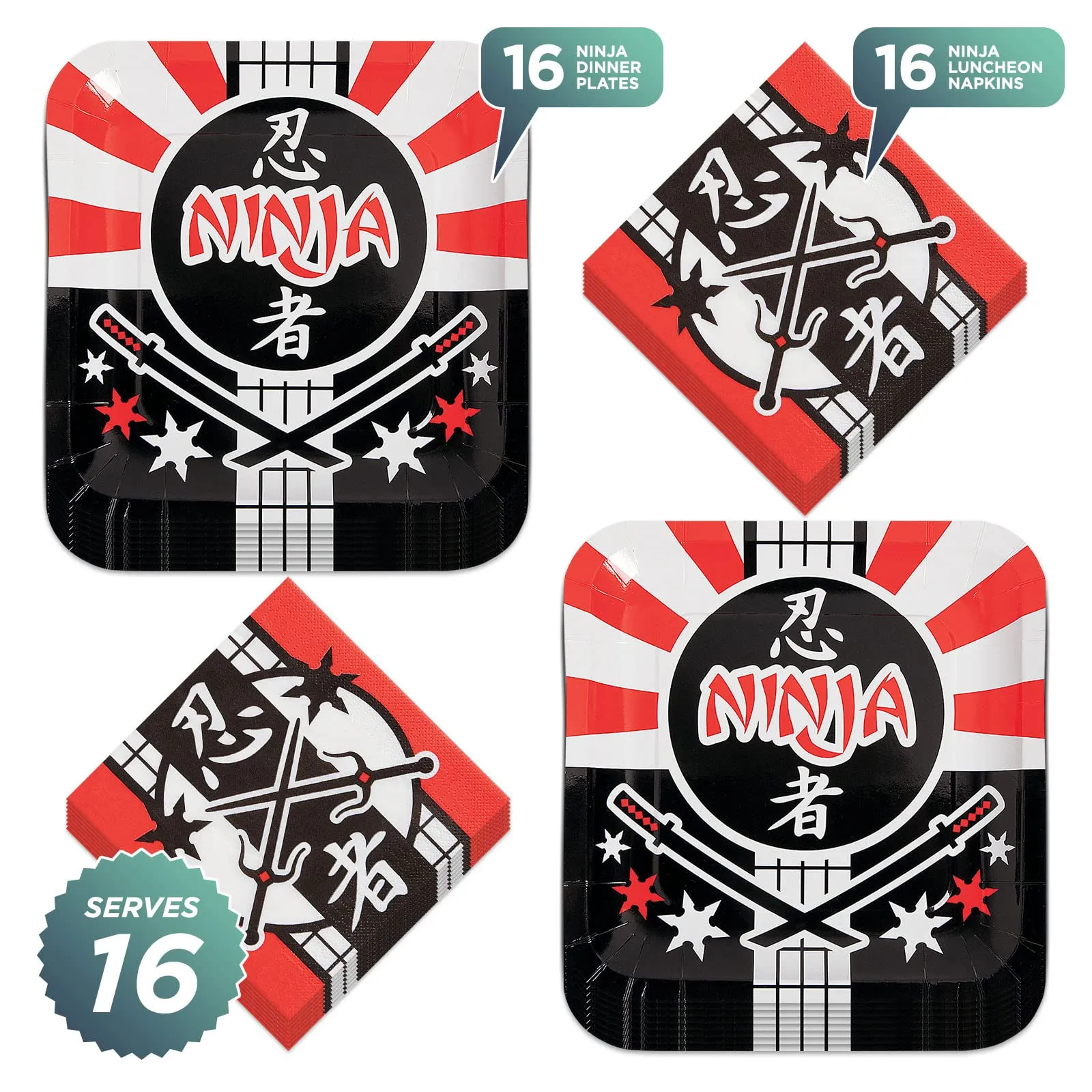 Ninja Warrior Party Square Paper Dinner Plates and Lunch Napkins (Serves 16)