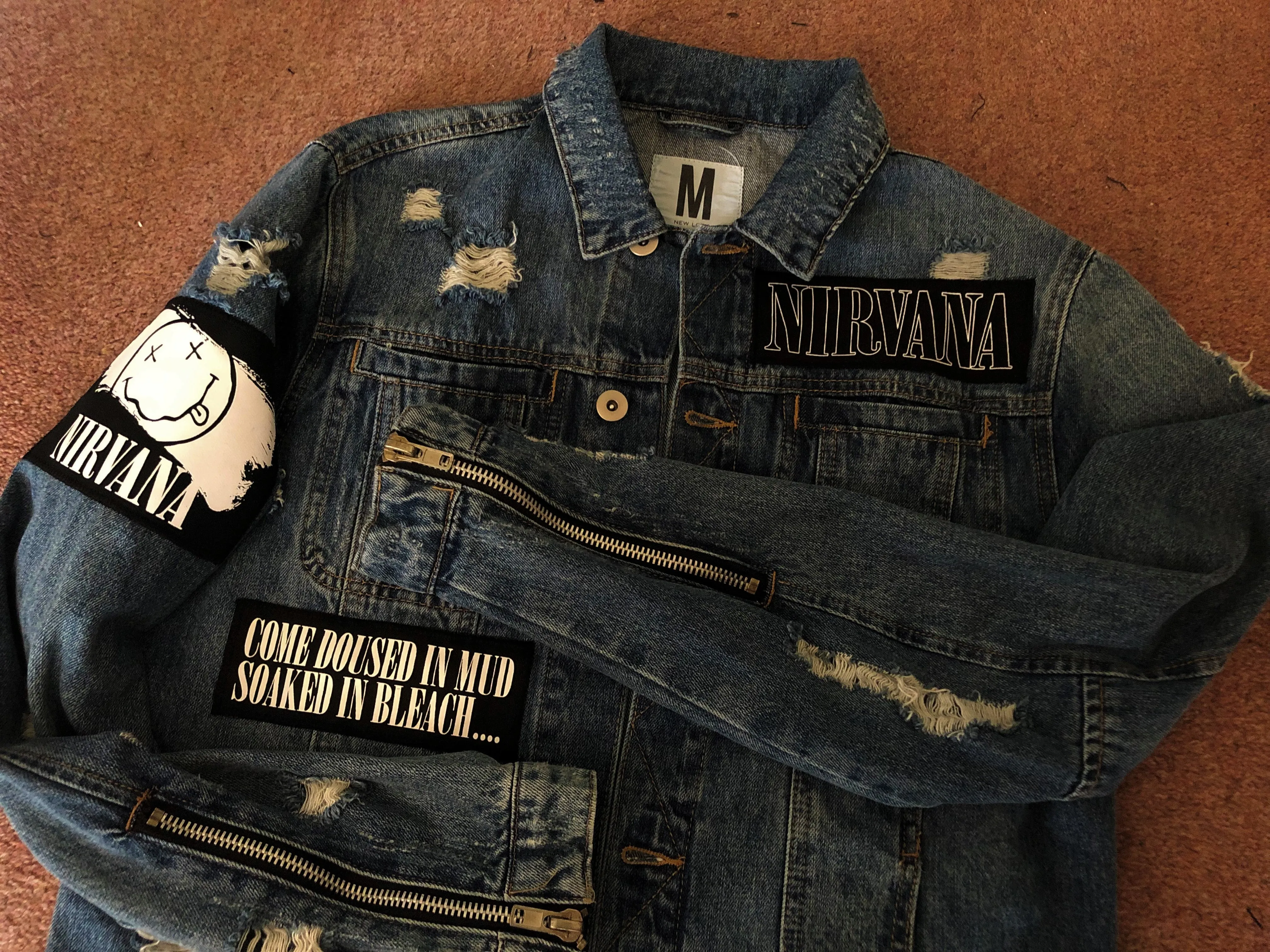 Nirvana Distressed Blue Denim Patch Jacket Come As You Are Smiley Angel