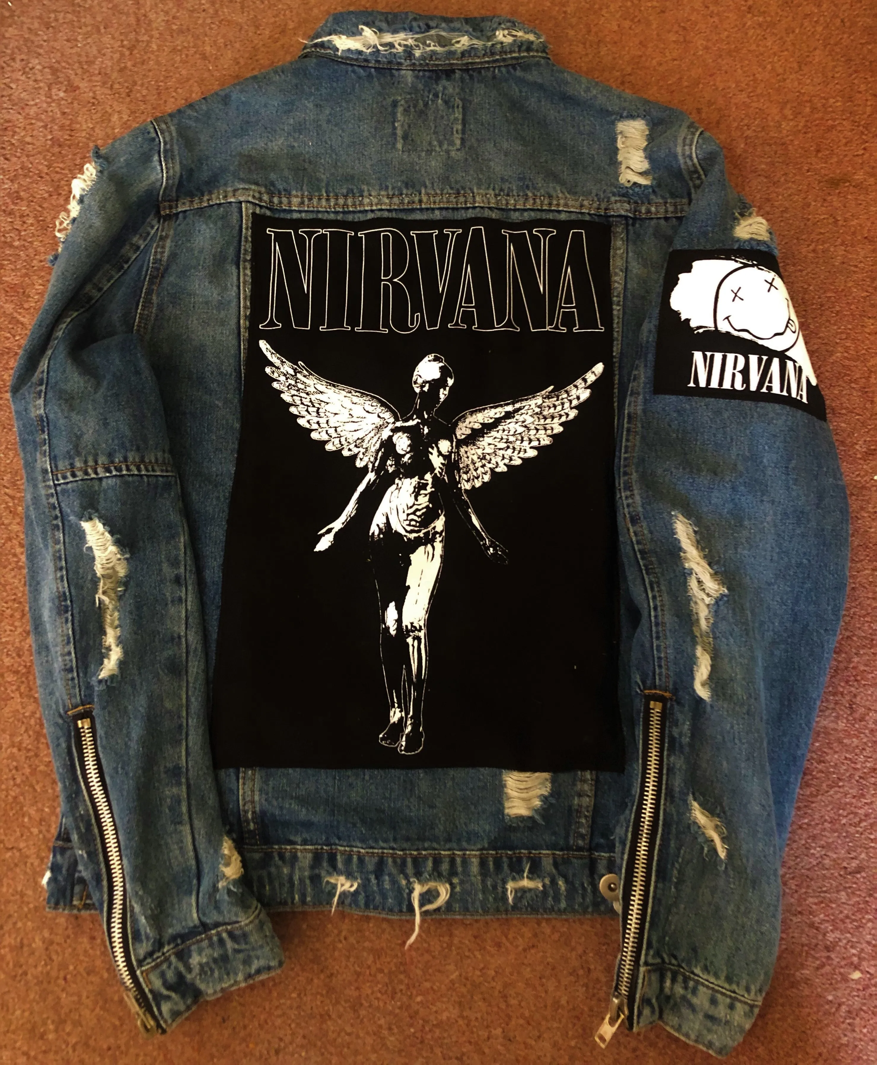 Nirvana Distressed Blue Denim Patch Jacket Come As You Are Smiley Angel