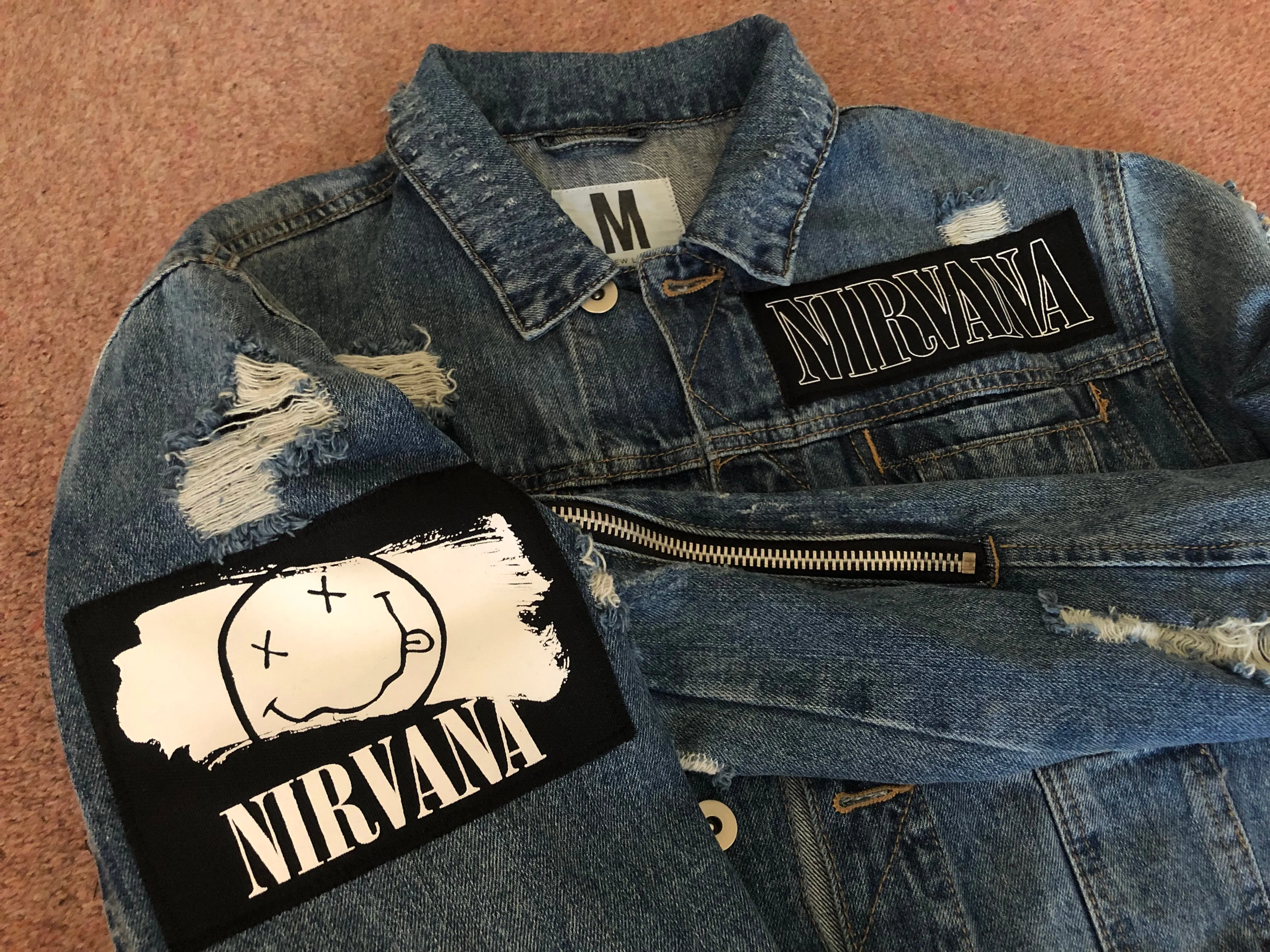 Nirvana Distressed Blue Denim Patch Jacket Come As You Are Smiley Angel