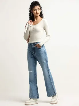 Nuon Blue Cotton Wide Leg Fit Mid Rise Denim Jeans