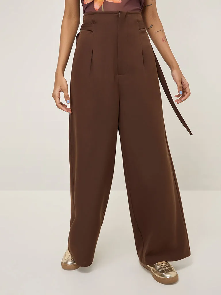 Nuon Brown Solid Wide-Leg High-Rise Trousers