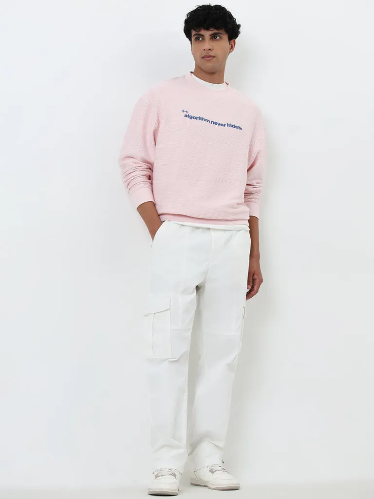 Nuon Light Pink Text Design Relaxed-Fit Cotton Sweatshirt