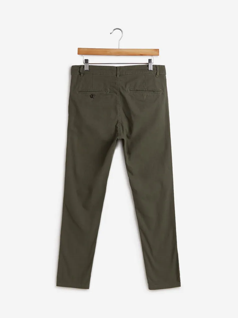 Nuon Olive Cotton Blend Slim - Fit Mid -Rise Chinos