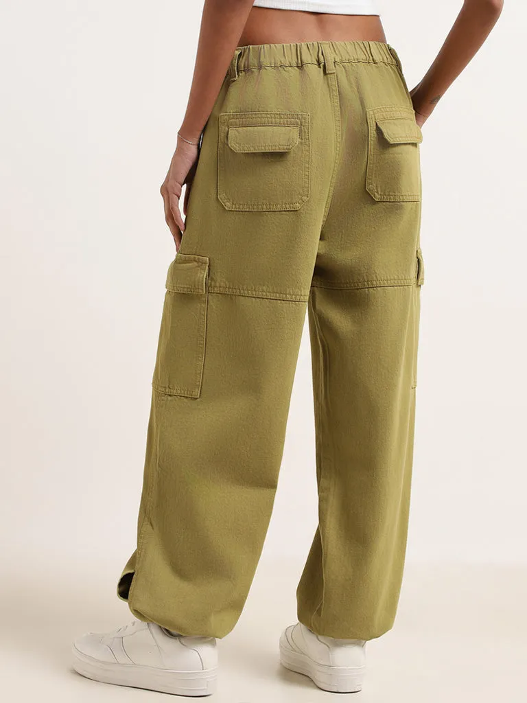 Nuon Olive Denim High Rise Relaxed Fit Cargo Jeans