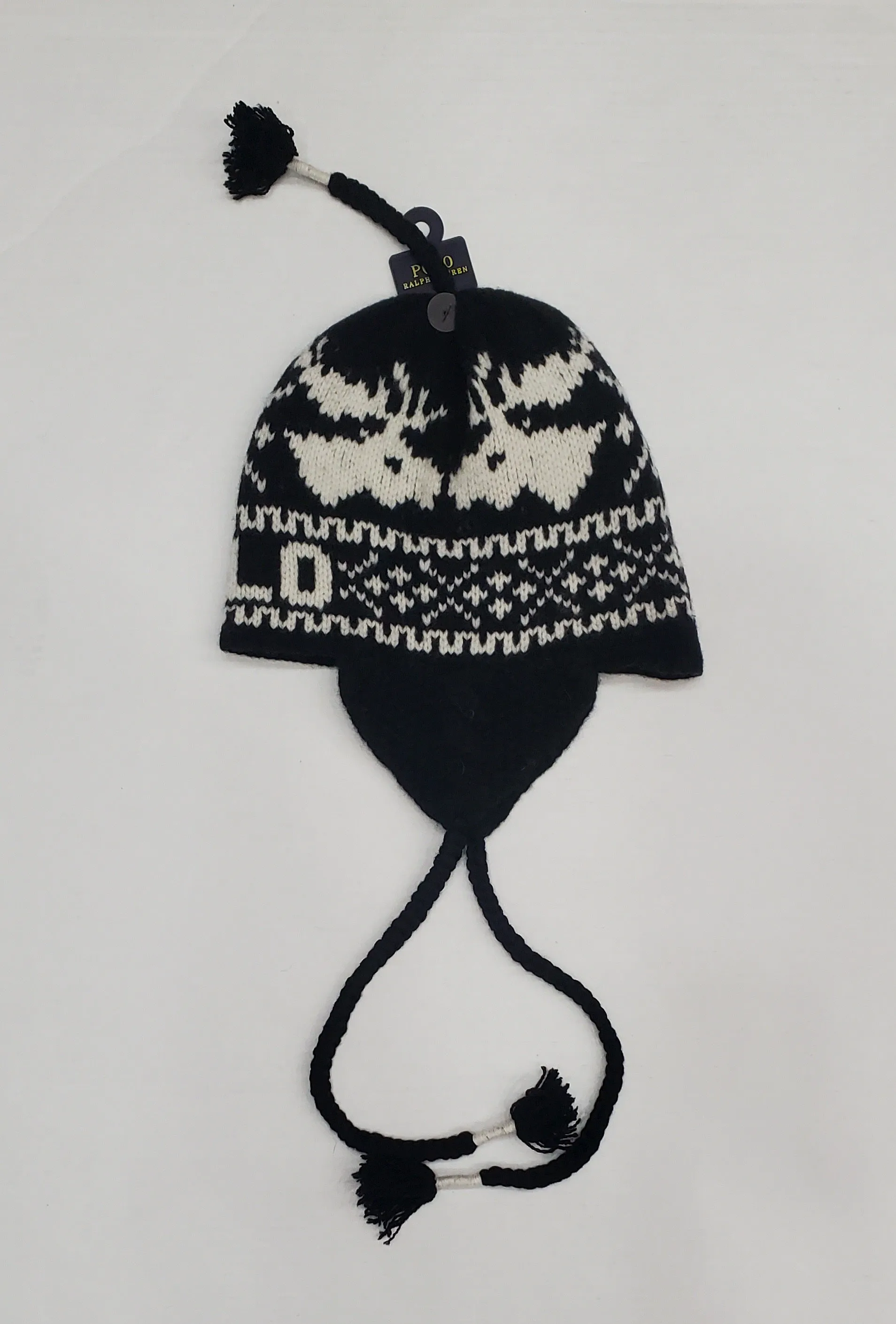 Nwt Polo Ralph Lauren Black/White Reindeer Spellout Tassel Skully