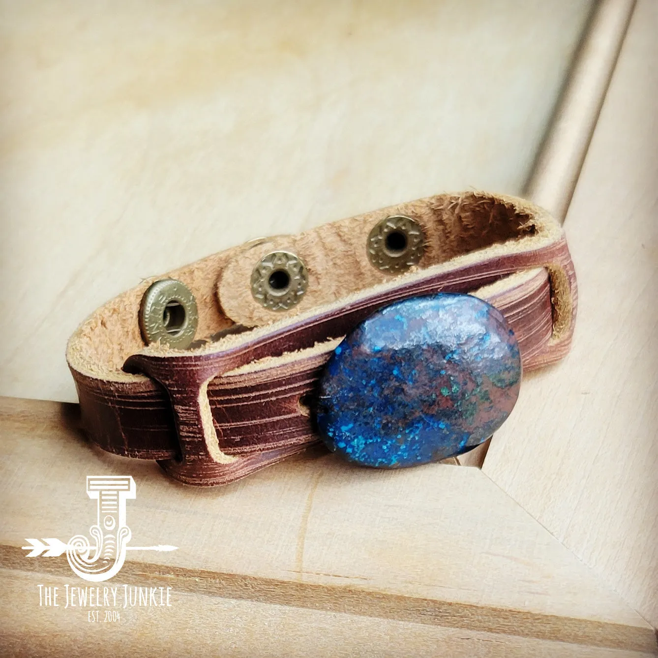 Ocean Agate Slab on Narrow Leather Cuff 005K