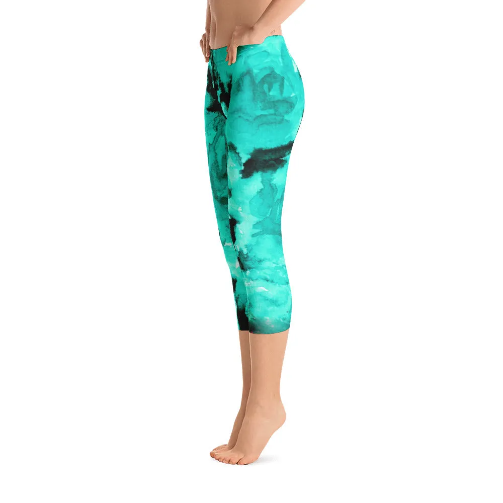 Ocean Blue Rose Flower Tights, Blue Soft Floral Designer Capri Leggings Bright Colors - Made in USA