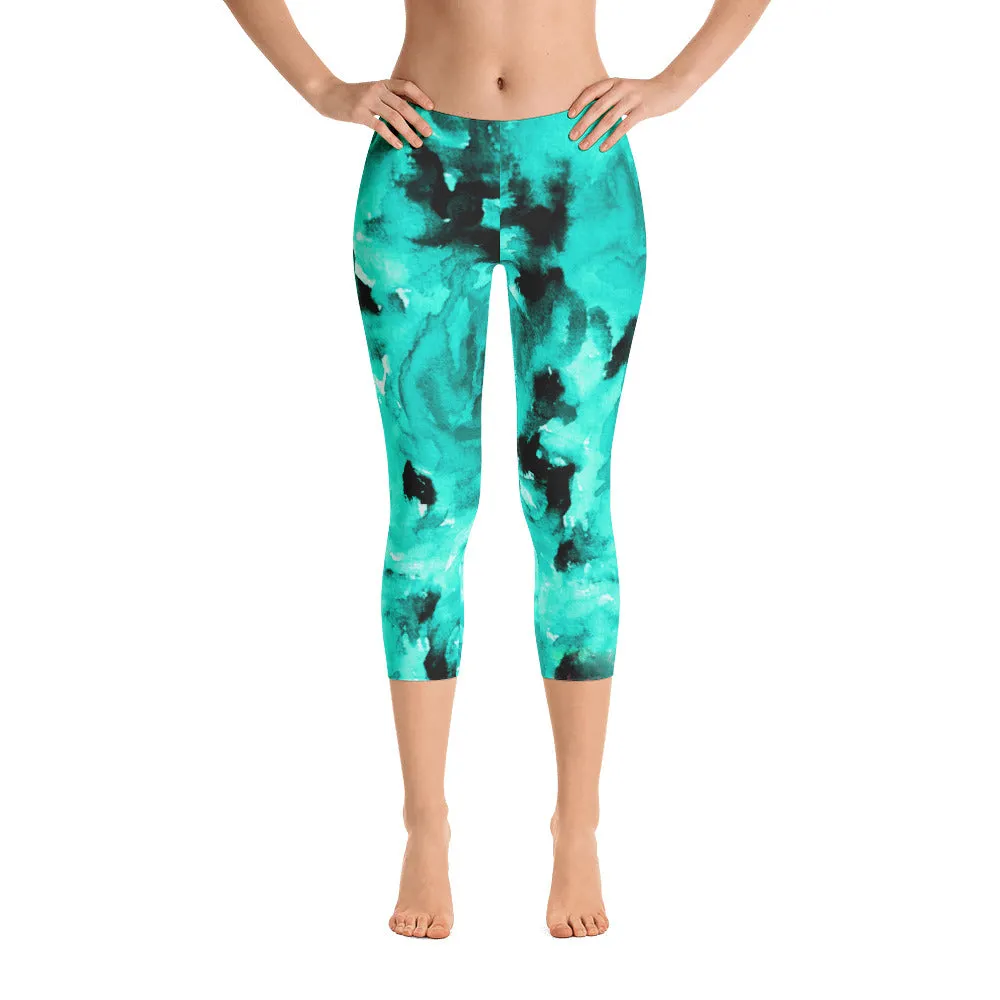 Ocean Blue Rose Flower Tights, Blue Soft Floral Designer Capri Leggings Bright Colors - Made in USA