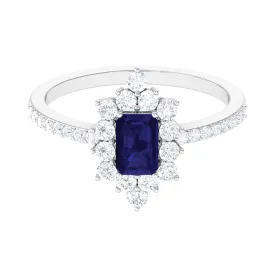 Octagon Blue Sapphire and Diamond Halo Engagement Ring