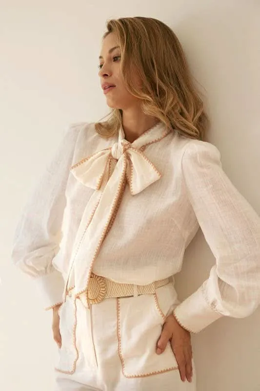 Off White Linen Button Down w/Tie Front Blouse