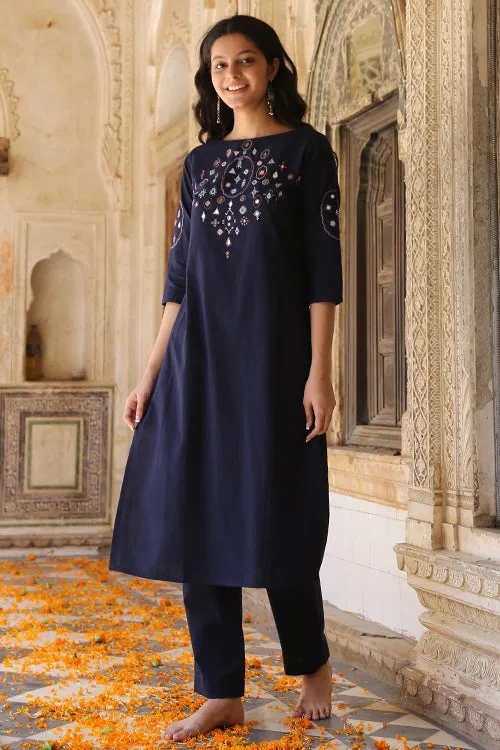 Okhai 'Riverbank' Pure Cotton Hand Embroidered Mirror Work Kurta