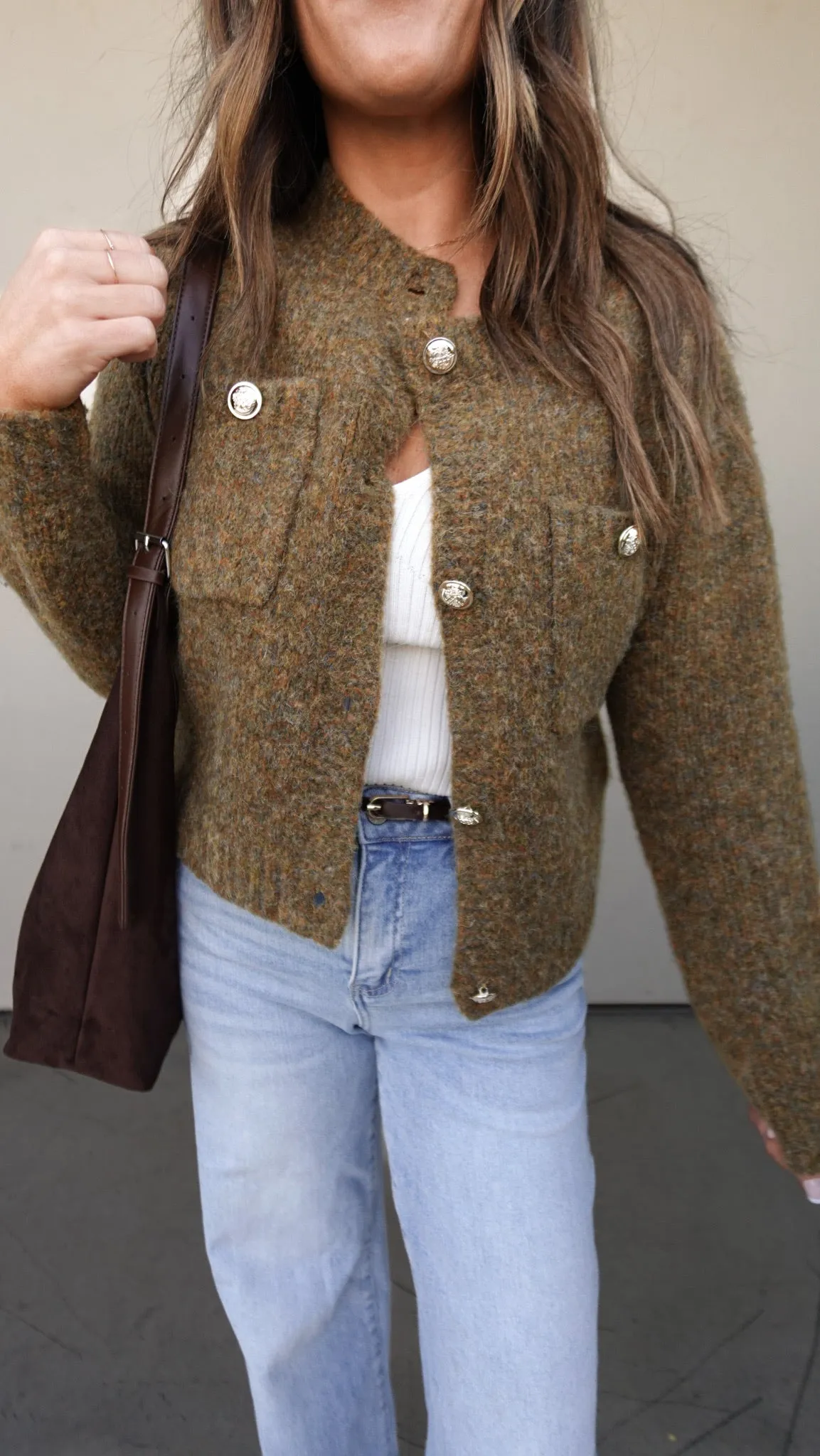 Olive Boucle Cardigan with Gold Buttons