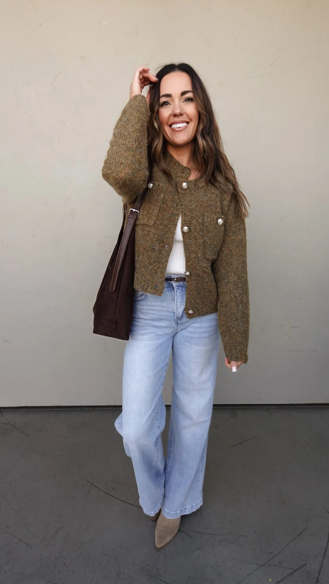 Olive Boucle Cardigan with Gold Buttons