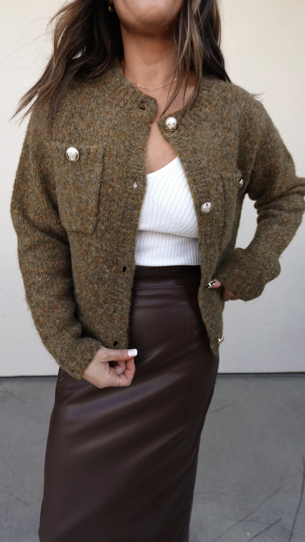 Olive Boucle Cardigan with Gold Buttons