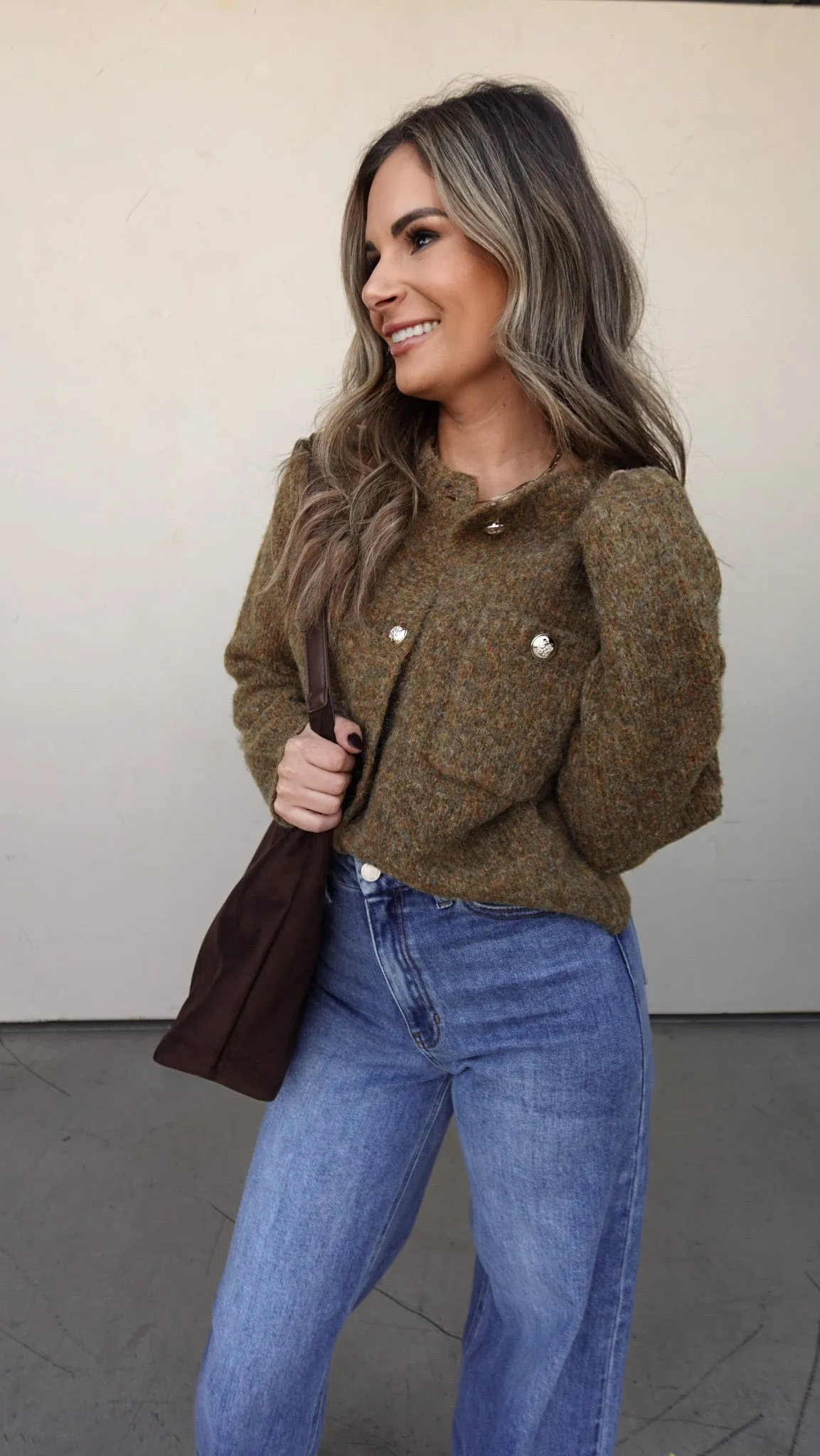 Olive Boucle Cardigan with Gold Buttons