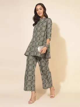 Olive Green Pure Cotton Ethnic Motifs Printed A-Line Co-Ord Set