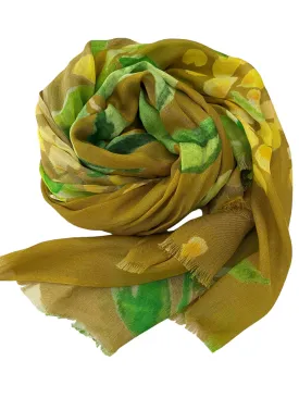 Olive green Scarf - Yellow Flowers - Handmade