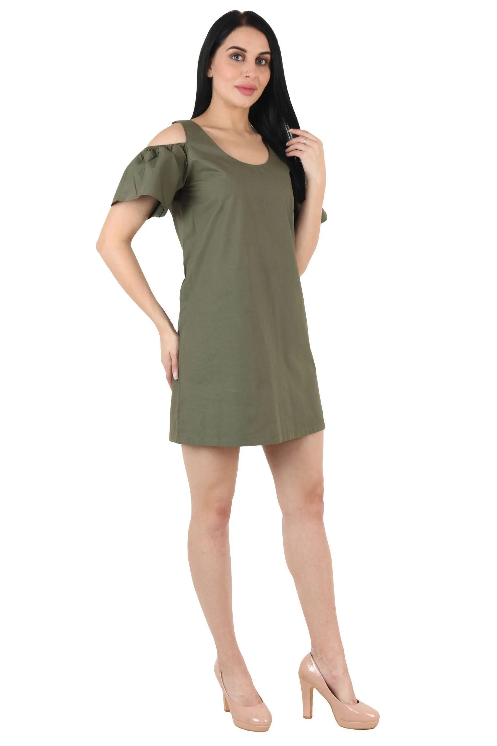 Olive Green Solid Cold Shoulder Dress