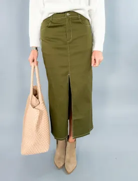 Olive Green Twill Midi Skirt - FINAL SALE